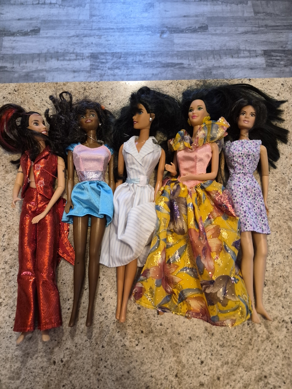 Barbie Dolls Lot with Red, Blue, White, Yellow, Pink, Purple Dresses